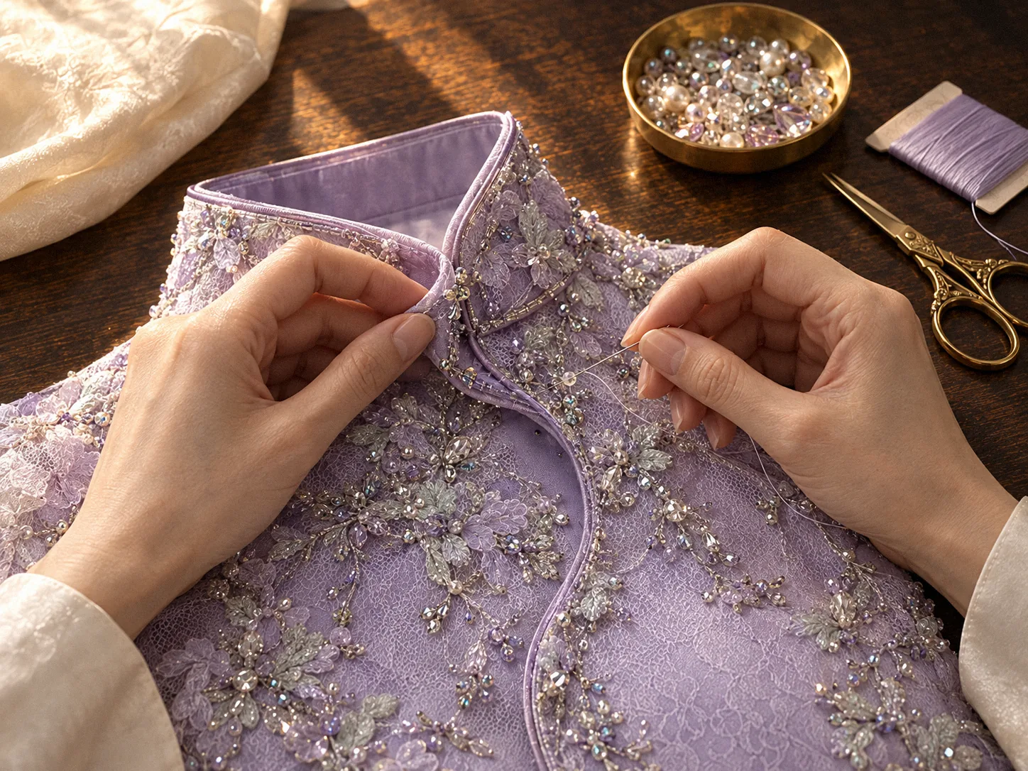 The collar and front opening of a lilac embroidered-lace qipao set with fine beads and crystals, one hand lifting the facing to check the thread paths, the other holding a beading needle