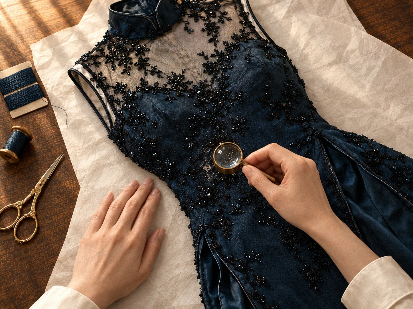 Overhead view of a deep-blue beaded-lace couture qipao laid on acid-free tissue, a seamstress examining worn lace near the slit through a loupe