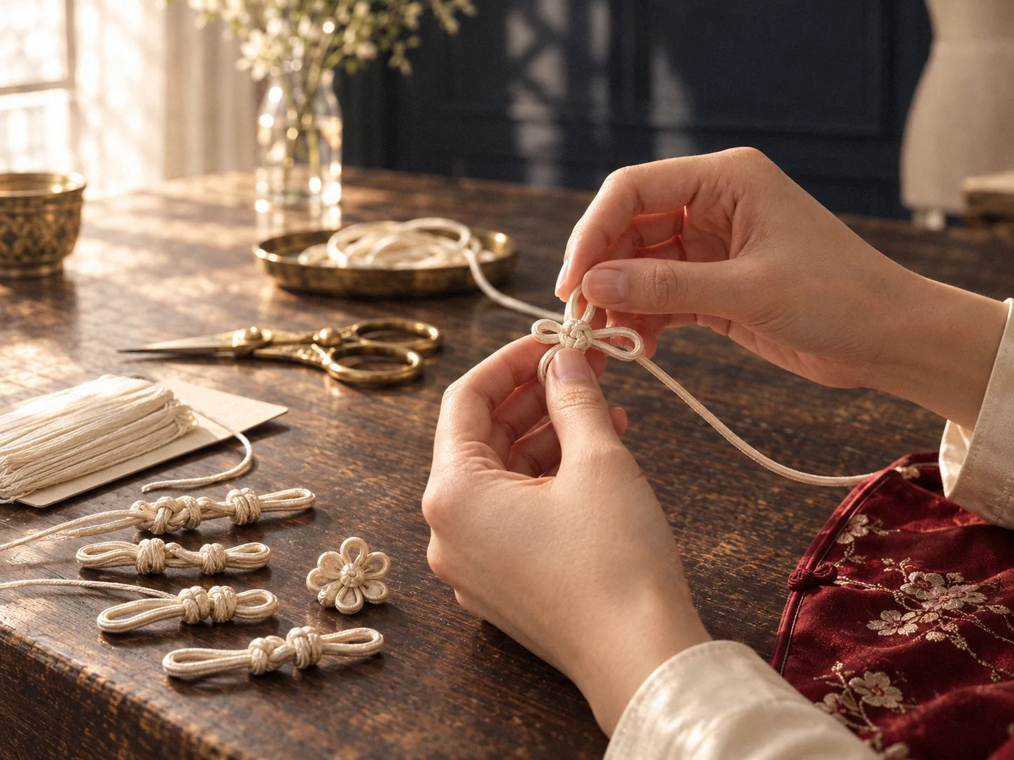A seamstress forming a knotted frog button from ivory silk rouleau on the wooden table, several finished straight and flower knots beside