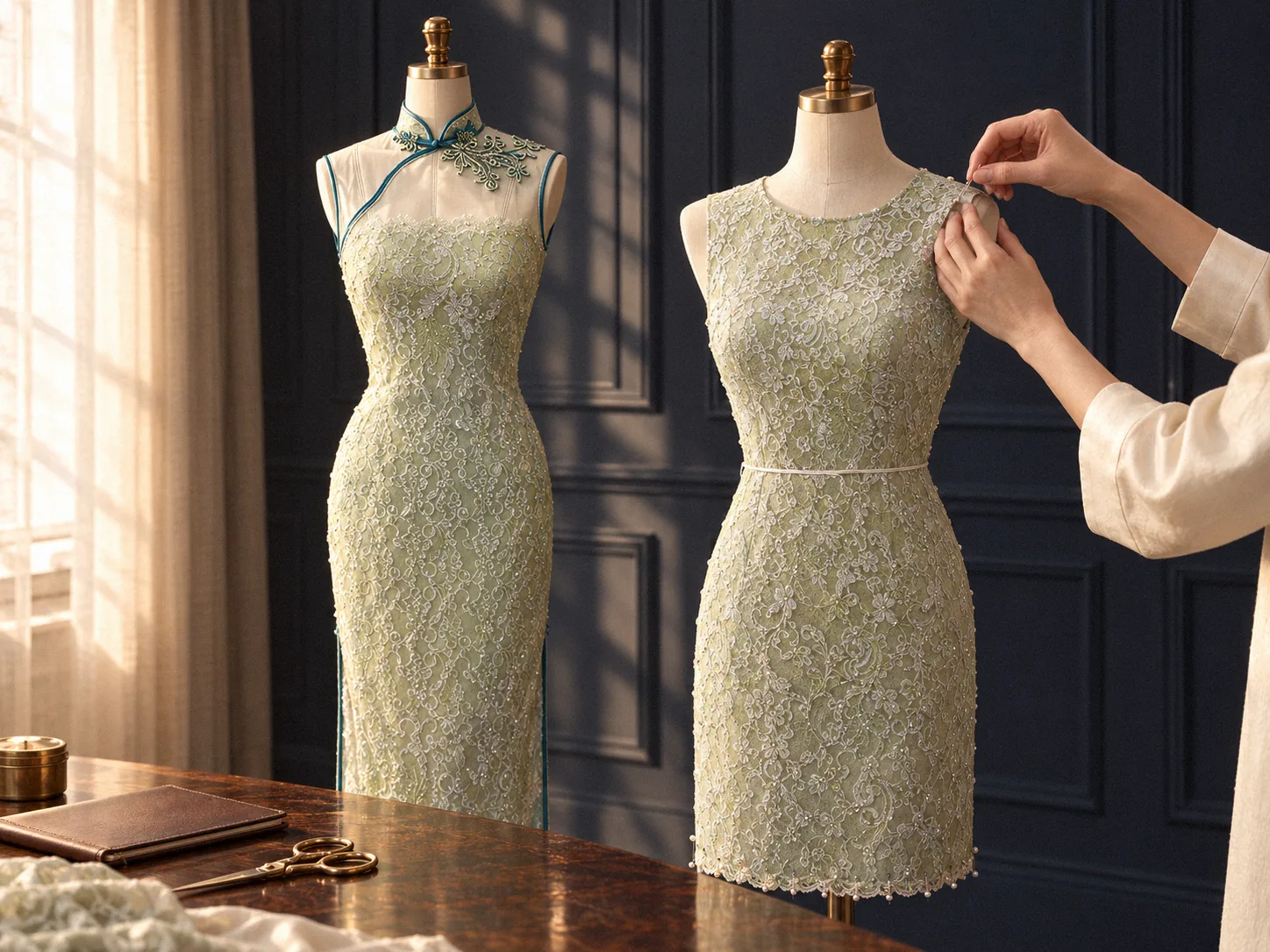 Two dress forms side by side: an original full-length celadon lace qipao on the left and, on the right, a knee-length dress cut from the same lace, still pinned