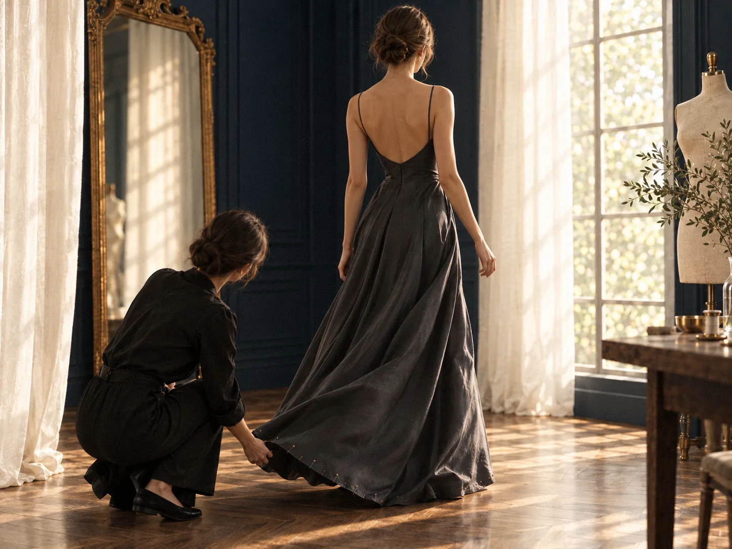 In a fitting room, a woman in a pinned, half-finished dress takes a few steps forward while the seamstress crouches to watch the hem