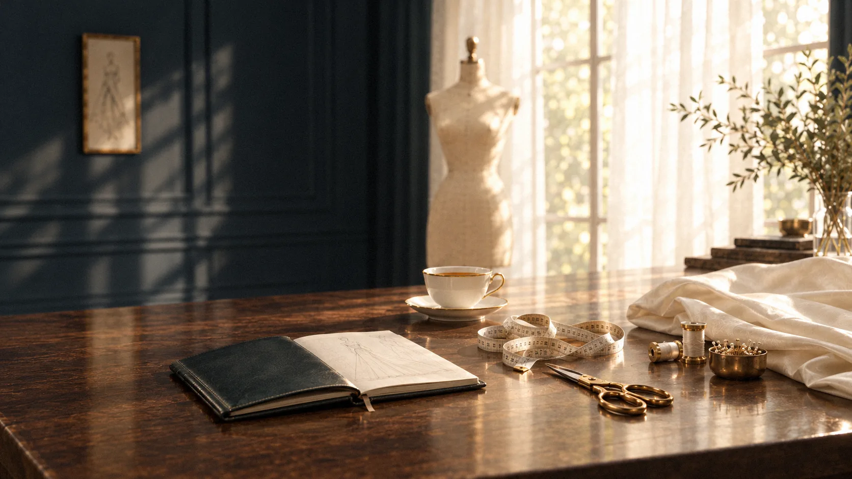 A corner of the studio: an open notebook, tape measure and cup of tea on a wooden table in afternoon light