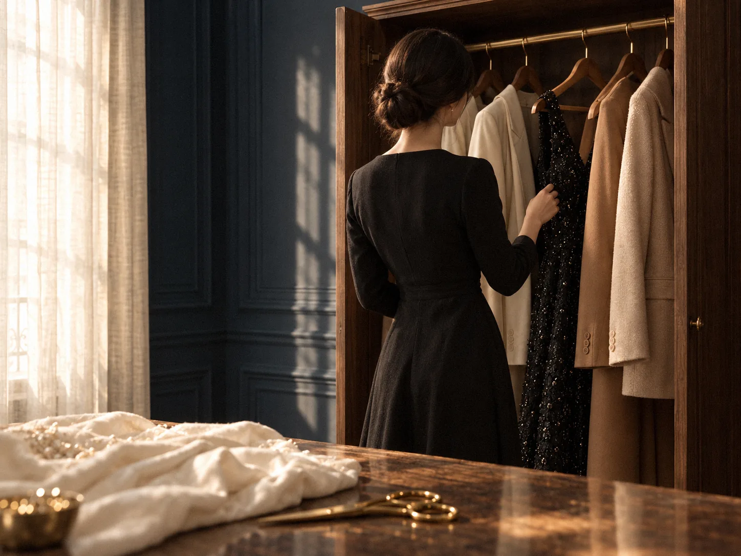 At the back of a wardrobe, an old garment in a cloth cover hangs beside everyday clothes, morning light falling from the side